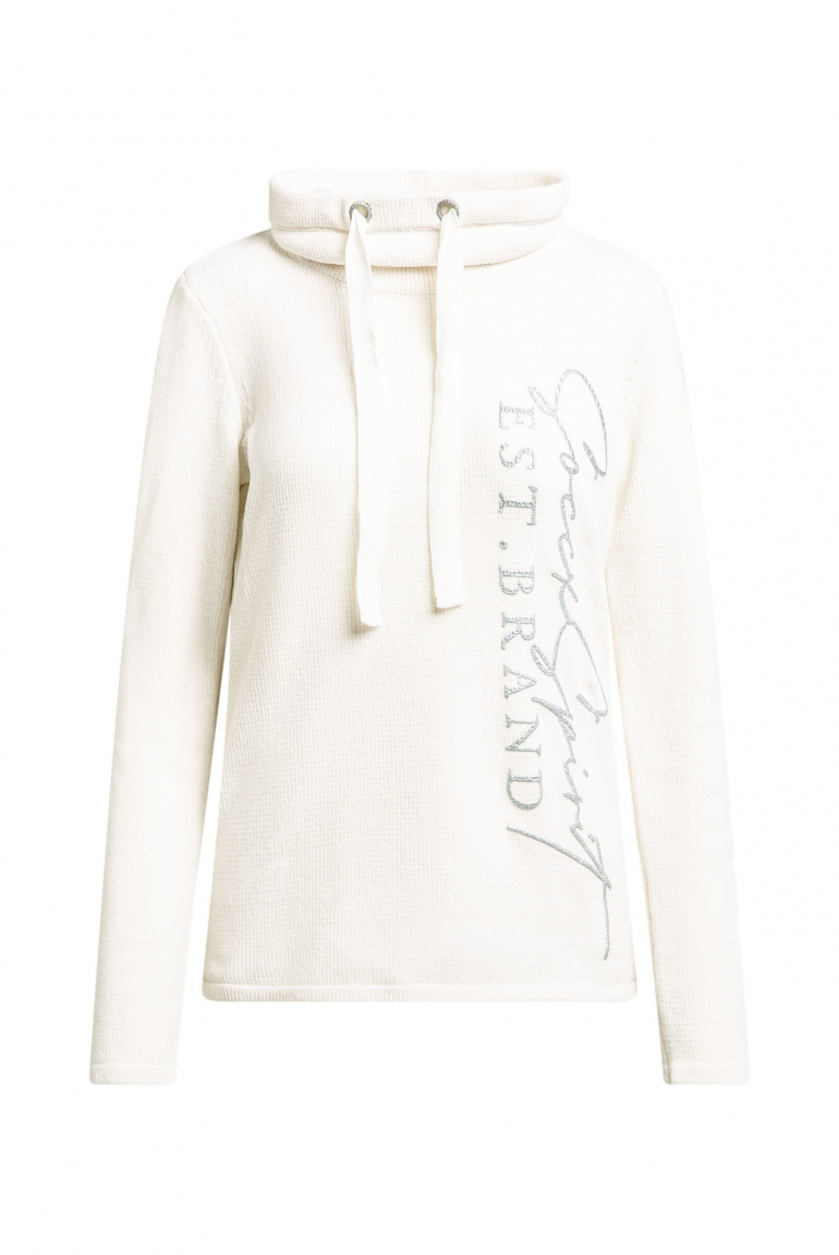 Chenille-Pullover mit hohem Kragen und Artwork ivory