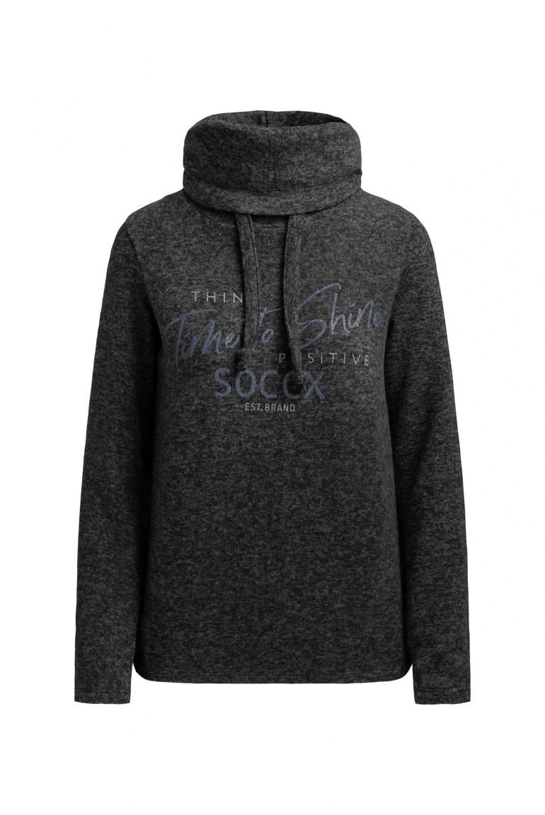 Flauschstrickpullover mit Kragen und Glitter Print black melange