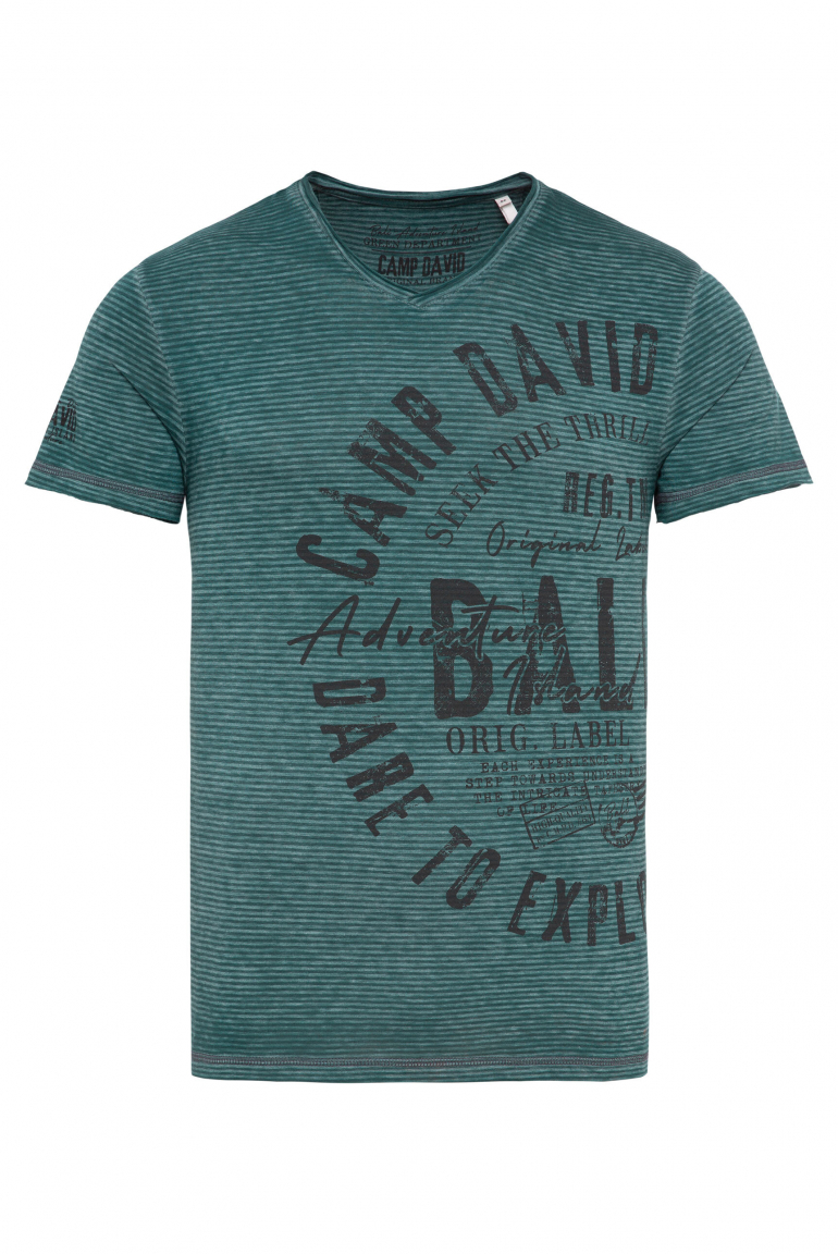 Gestreiftes Ausbrenner-Shirt mit V-Neck und Prints evergreen