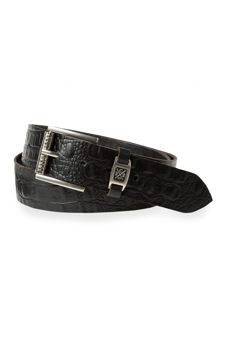 Gürtel aus geprägtem Leder mit Metall-Logo dark brown