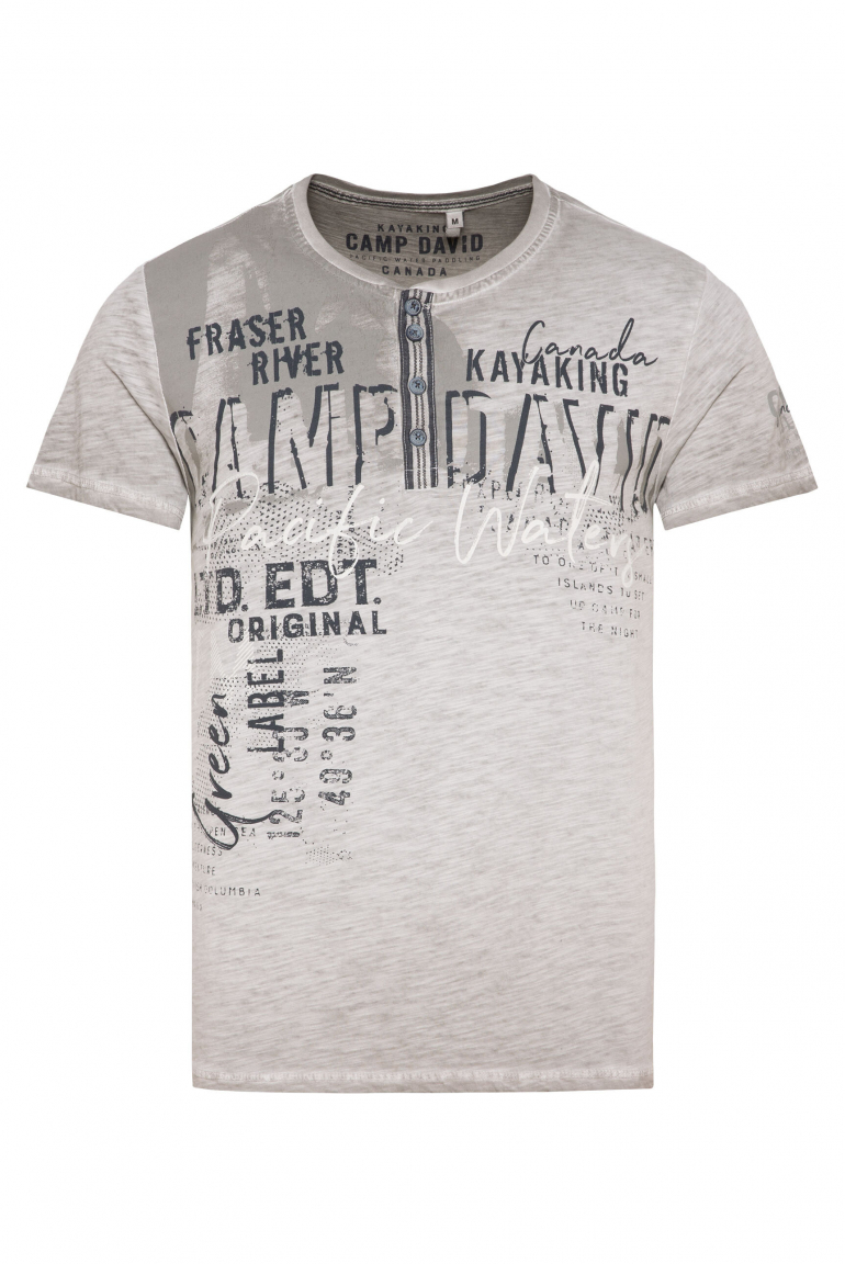 Henley-Shirt mit Used-Färbung und Artwork polo grey