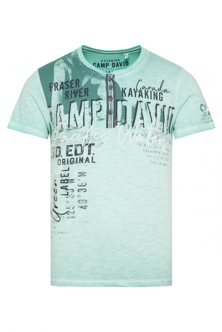 Henley-Shirt mit Used-Färbung und Artwork cool jade