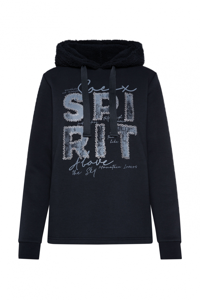 Hoodie mit Kapuze im Sherpa-Look und Artwork blue navy