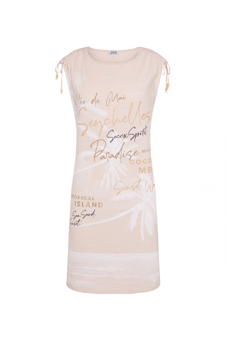 Jersey-Kleid mit gerafften Schultern und Artwork milky beige