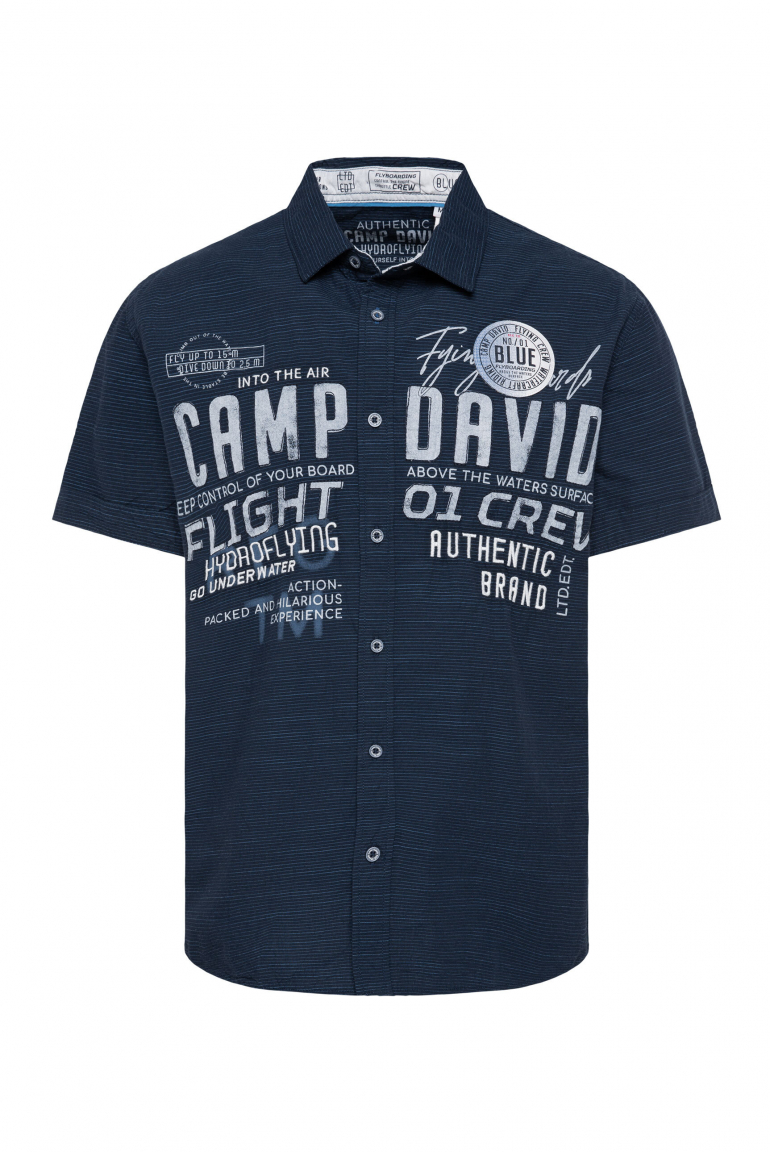 Kurzarm-Streifenhemd mit Label-Stickereien navy