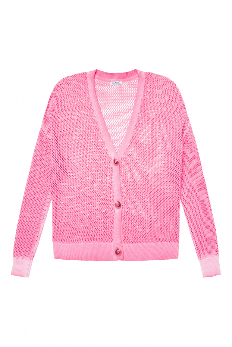 Kurze Strickjacke mit Meshstruktur floral pink