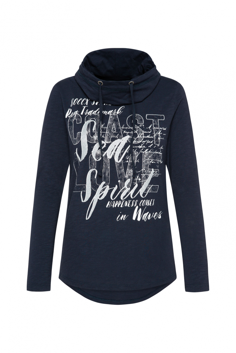 Langarmshirt mit hohem Kragen und Glitter Print nautic navy