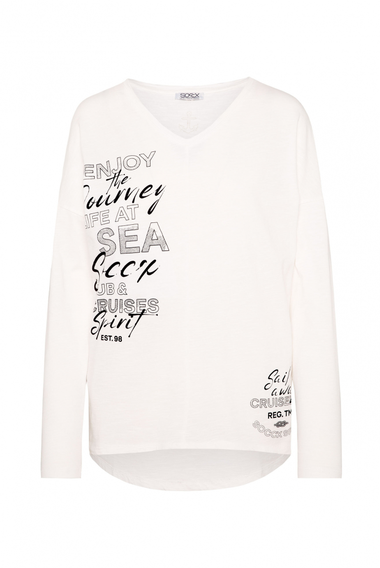 Langarmshirt mit V-Ausschnitt und Prints ivory