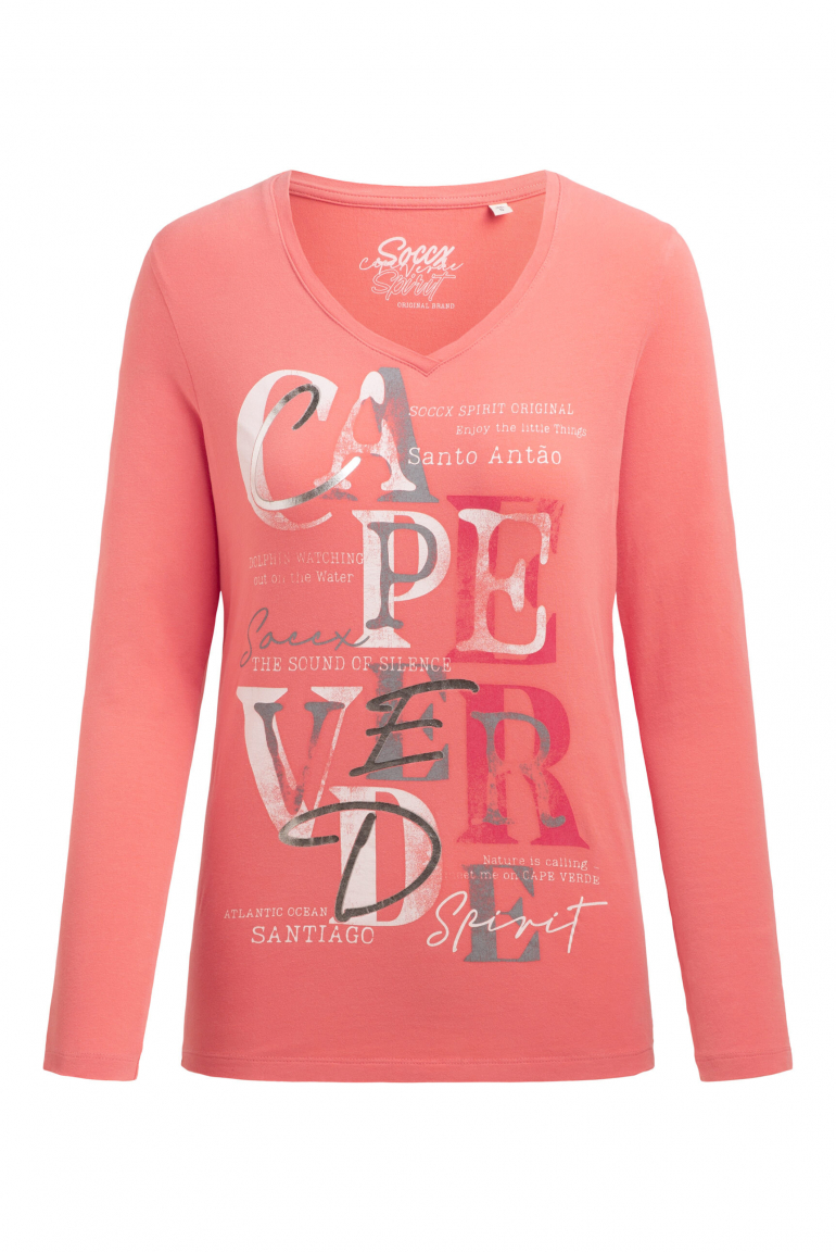 Langarmshirt mit V-Ausschnitt und Wording Print apricot sunset