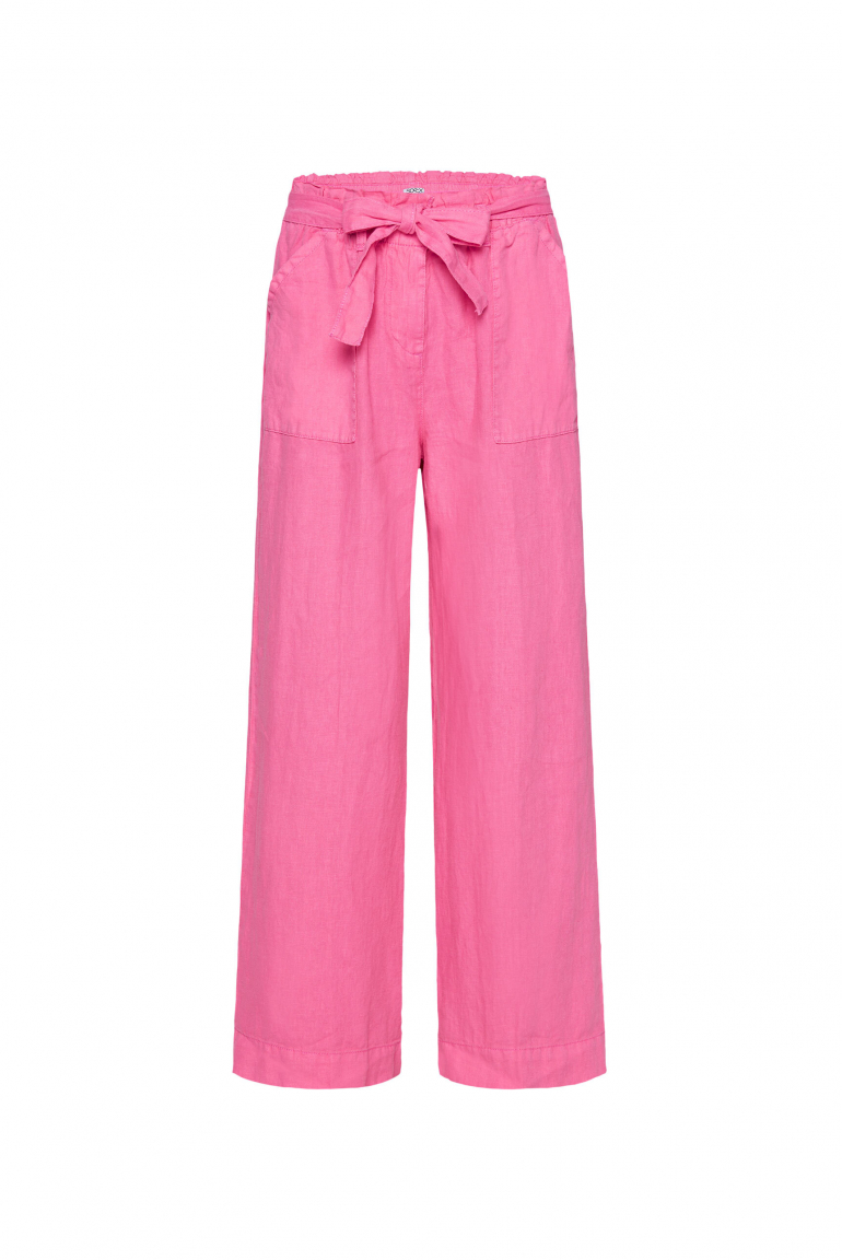 Leinenhose mit weitem Bein und Bindegürtel floral pink