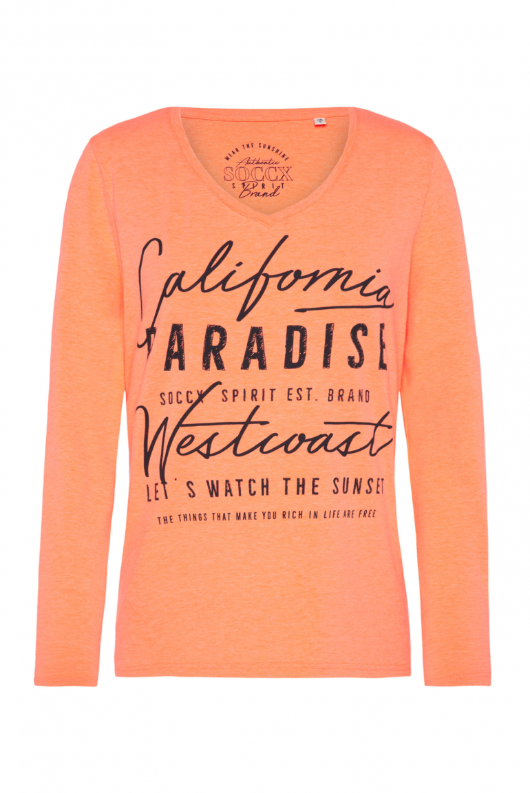 Longsleeve mit V-Ausschnitt und Print neon orange