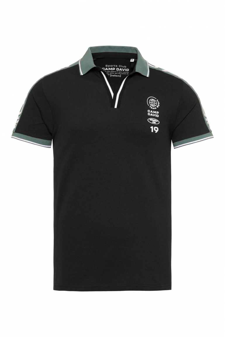 Pikee-Polo mit V-Neck und Schultereinsätzen black
