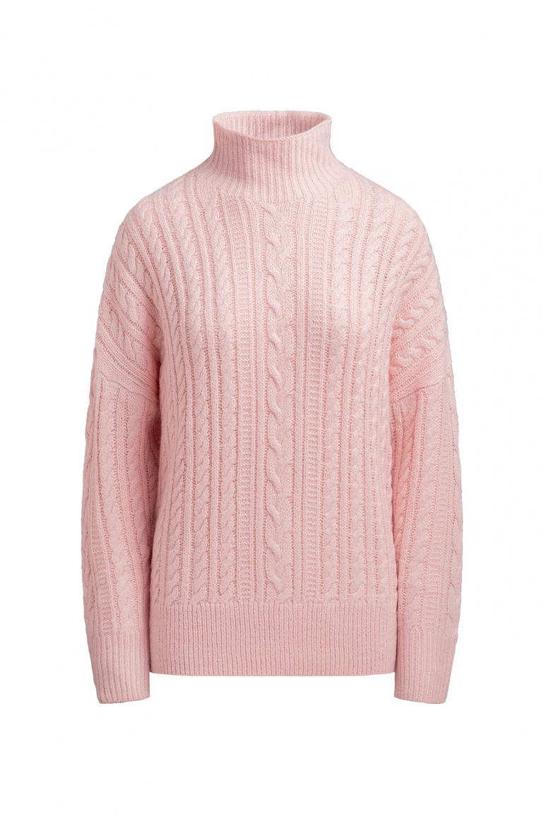 Pullover mit Zopfmuster und Stehkragen pearl rose