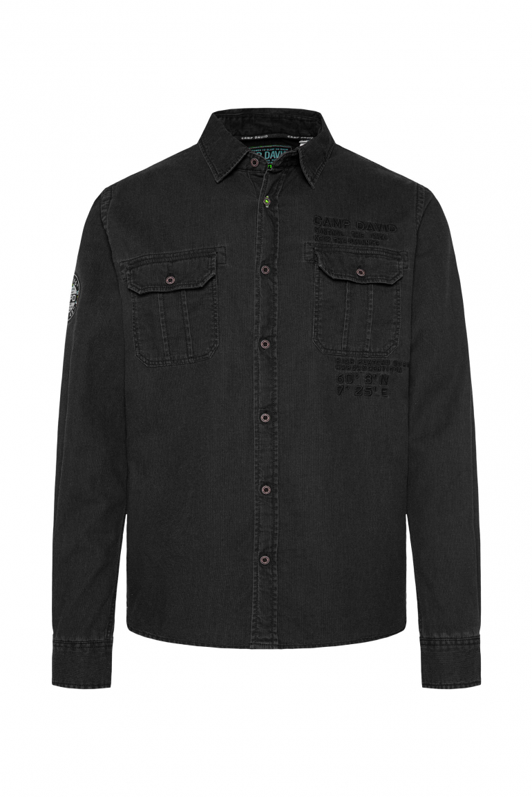Strukturiertes Langarmhemd mit Klappentaschen washed black