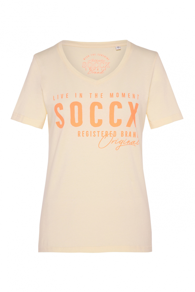 T-Shirt mit V-Ausschnitt und Logo Print cream