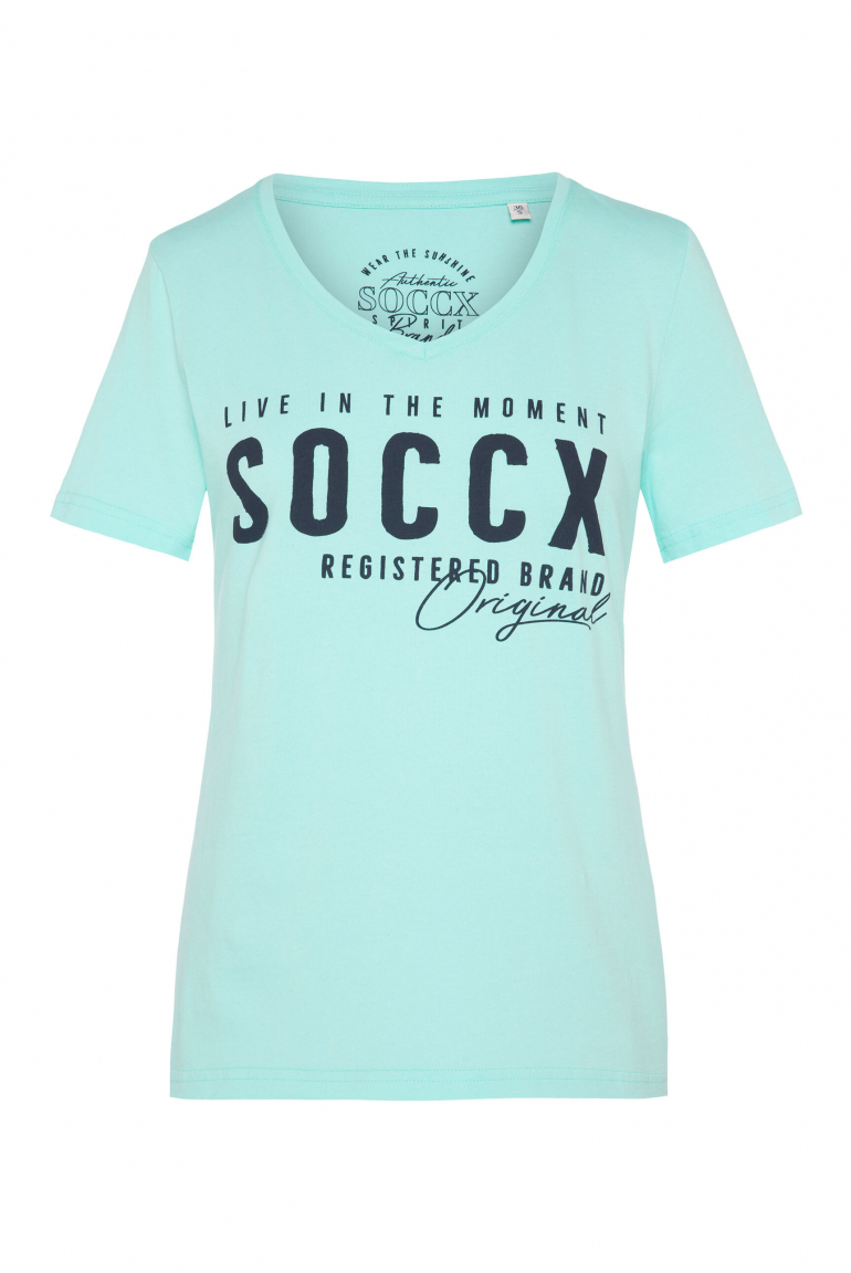 T-Shirt mit V-Ausschnitt und Logo Print new aqua