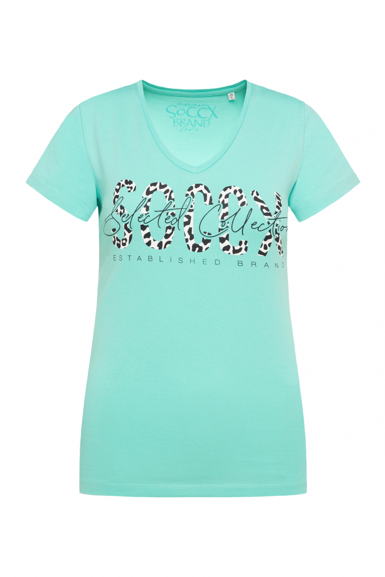 T-Shirt mit V-Ausschnitt und Logo Print flash aqua