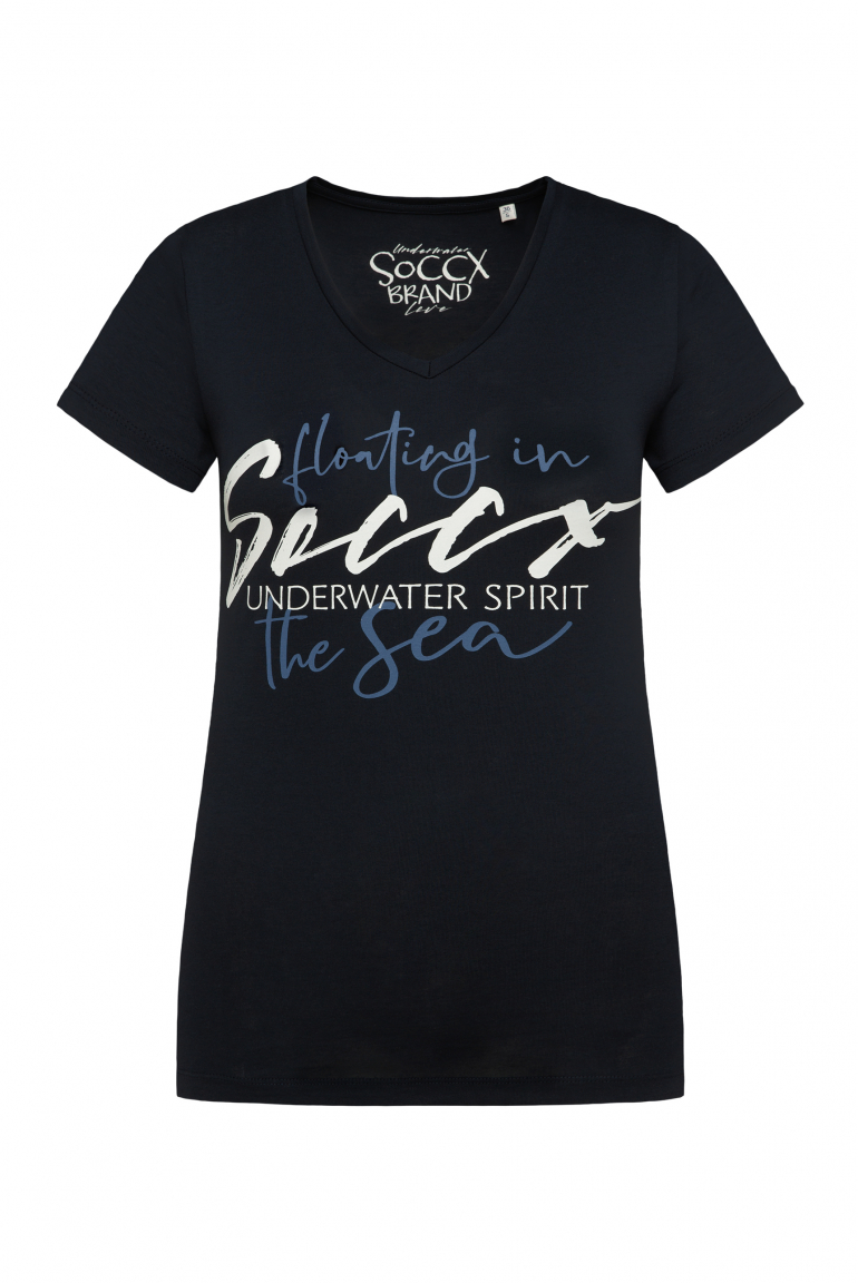 T-Shirt mit V-Ausschnitt und Logo Print blue navy