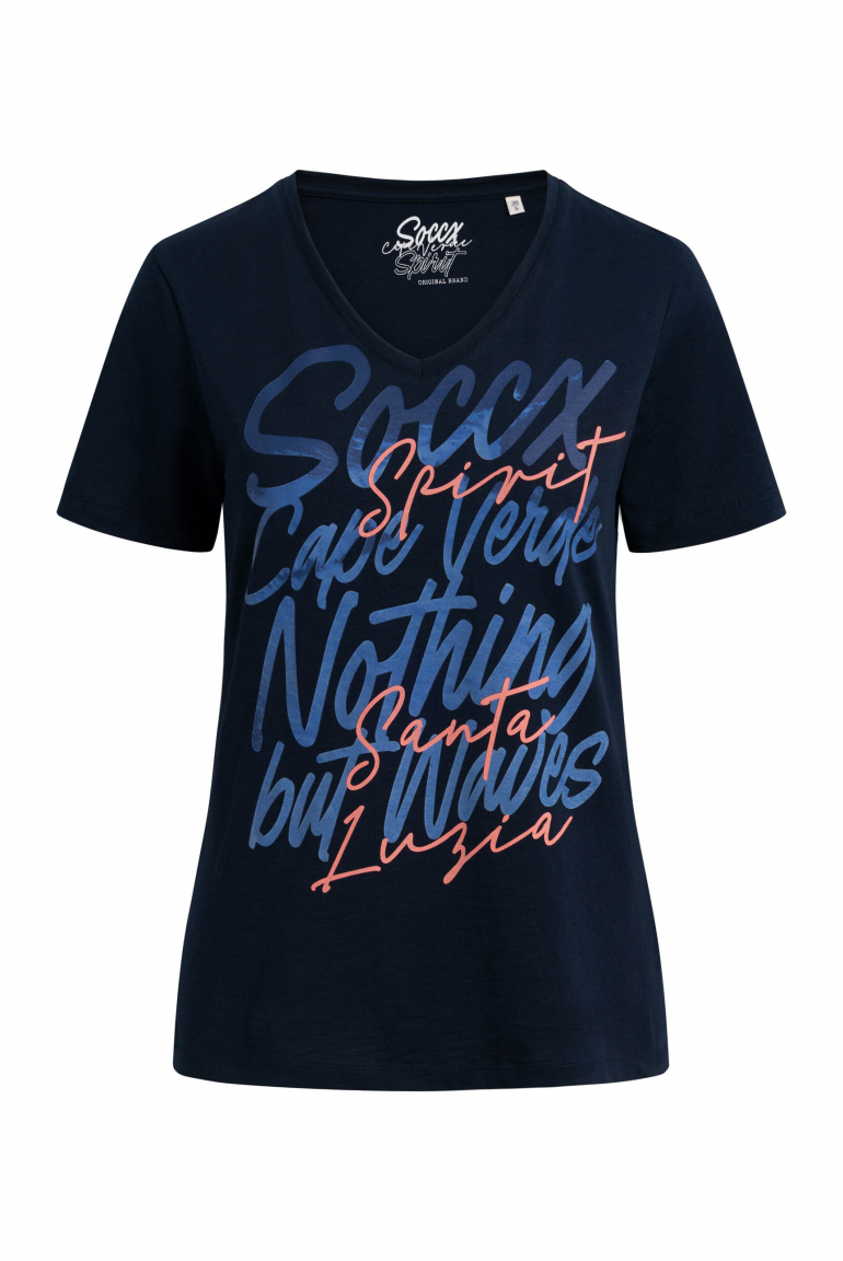 T-Shirt mit V-Ausschnitt und Print blue navy