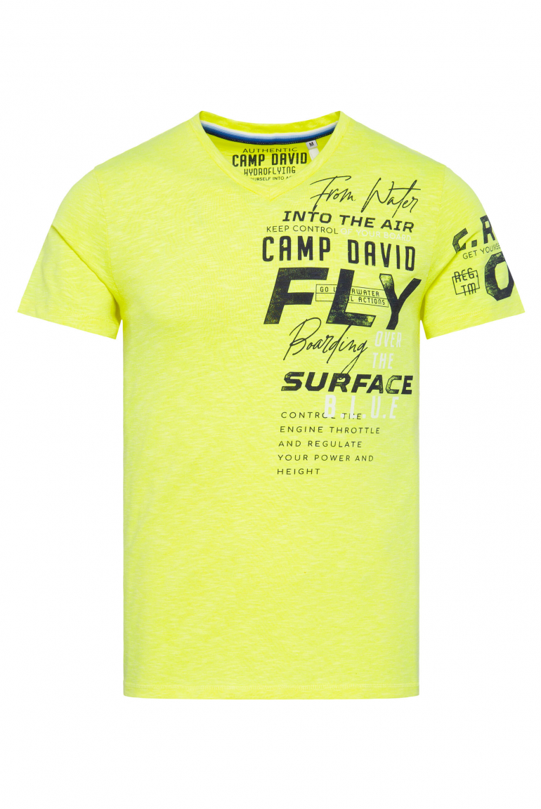 T-Shirt mit V-Neck und Label Prints electric yellow