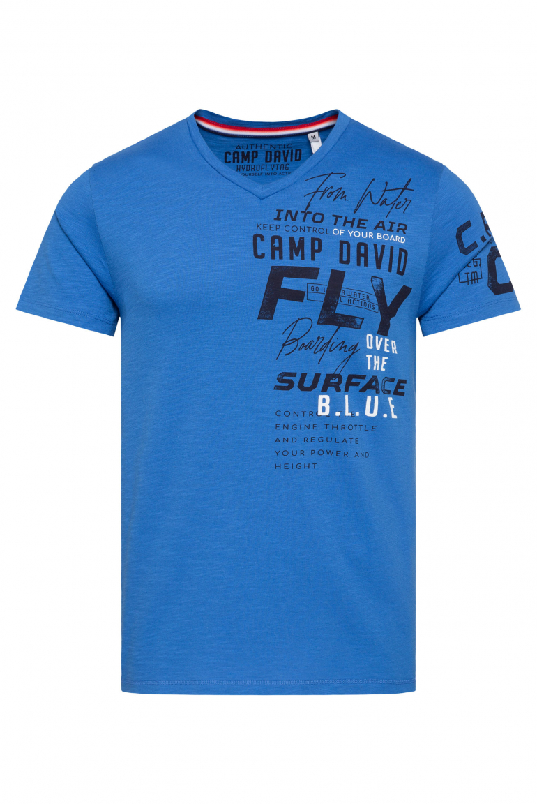 T-Shirt mit V-Neck und Label Prints pacific blue