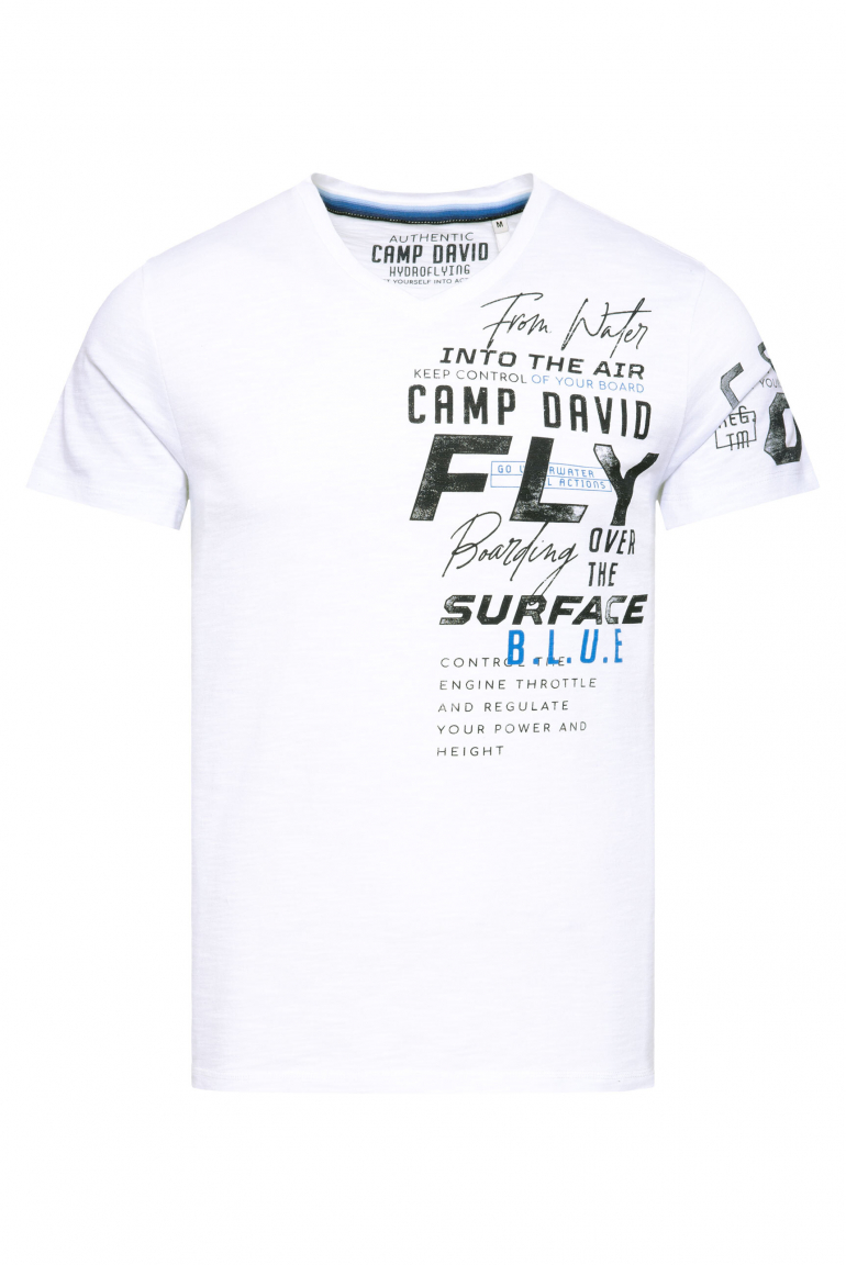 T-Shirt mit V-Neck und Label Prints opticwhite
