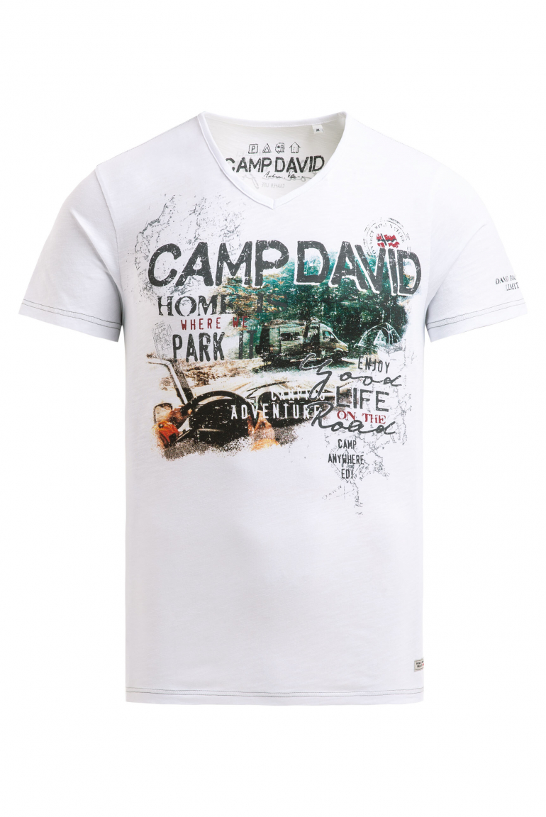 T-Shirt mit V-Neck und Photoprint offwhite