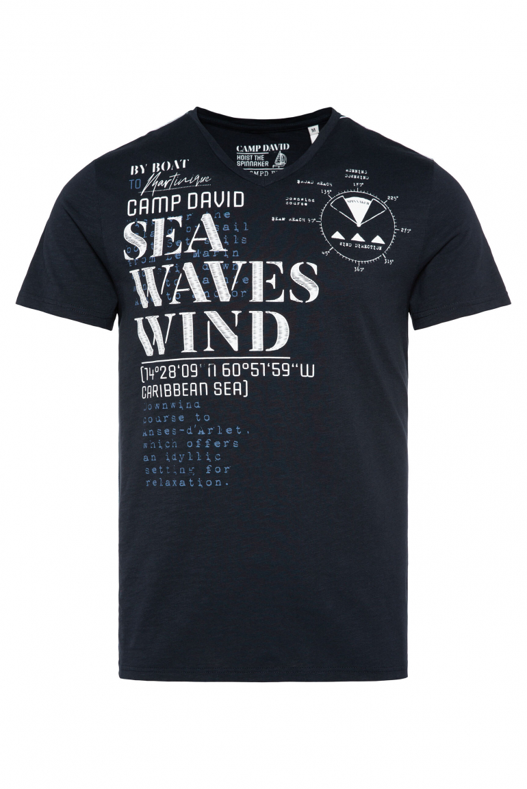 T-Shirt mit V-Neck und Wording Prints navy
