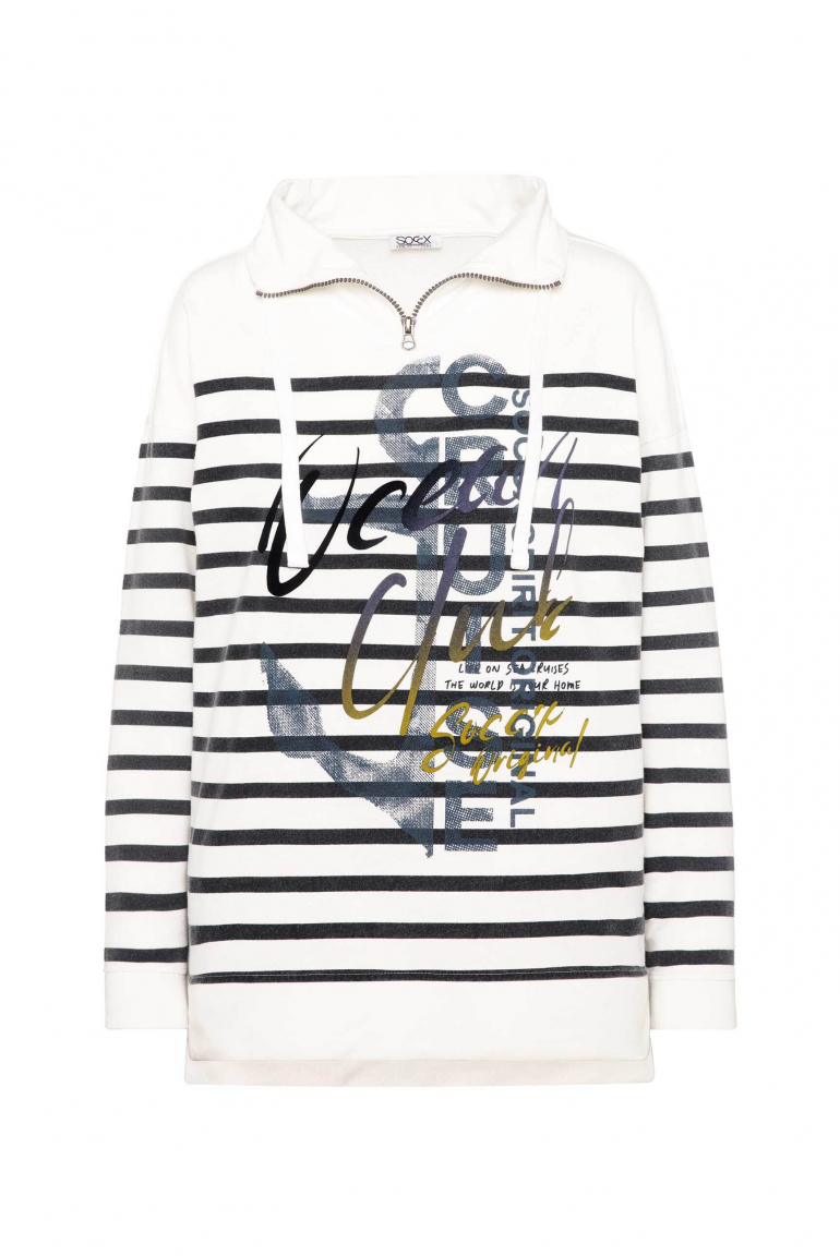 Troyer-Sweatshirt mit Streifen- und Flockprint ivory / blue navy