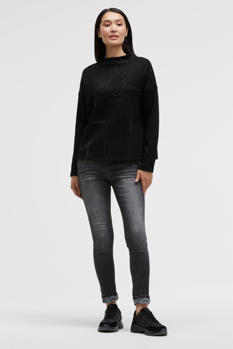 Boxy-Sweatshirt mit Print und Schmucksteinen