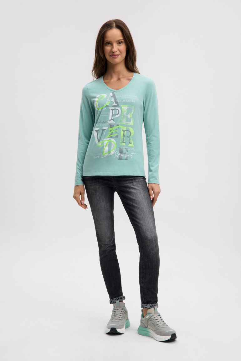 Langarmshirt mit V-Ausschnitt und Wording Print