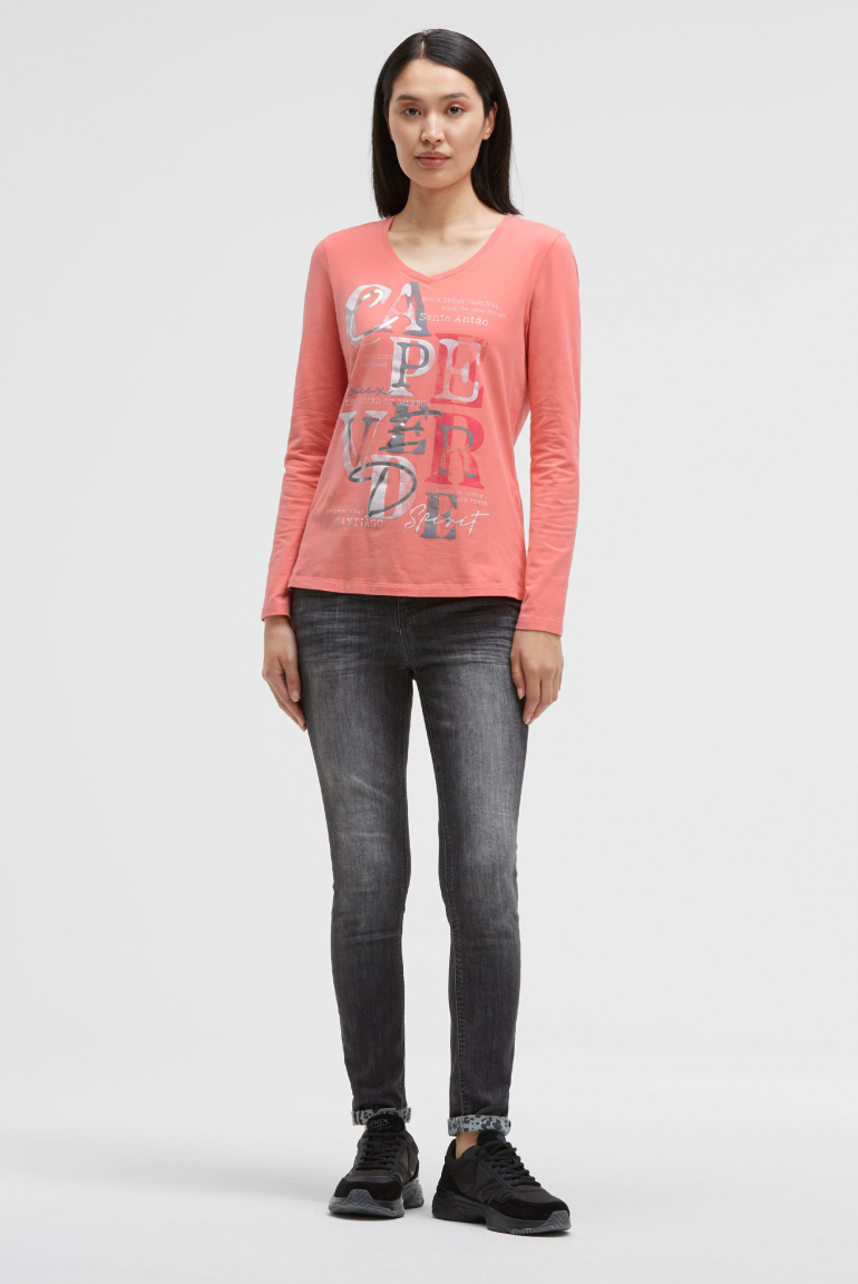 Langarmshirt mit V-Ausschnitt und Wording Print