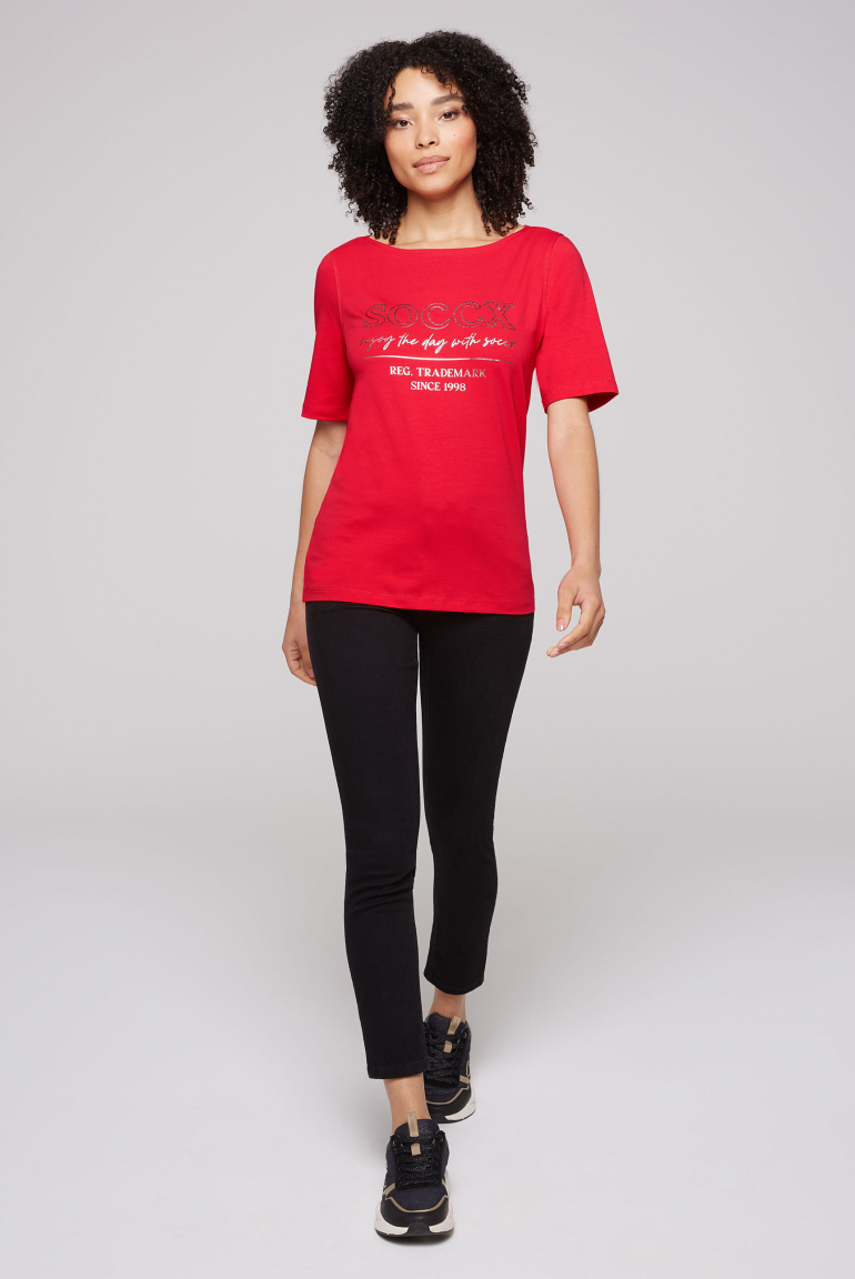 T-Shirt mit U-Bootausschnitt und Print