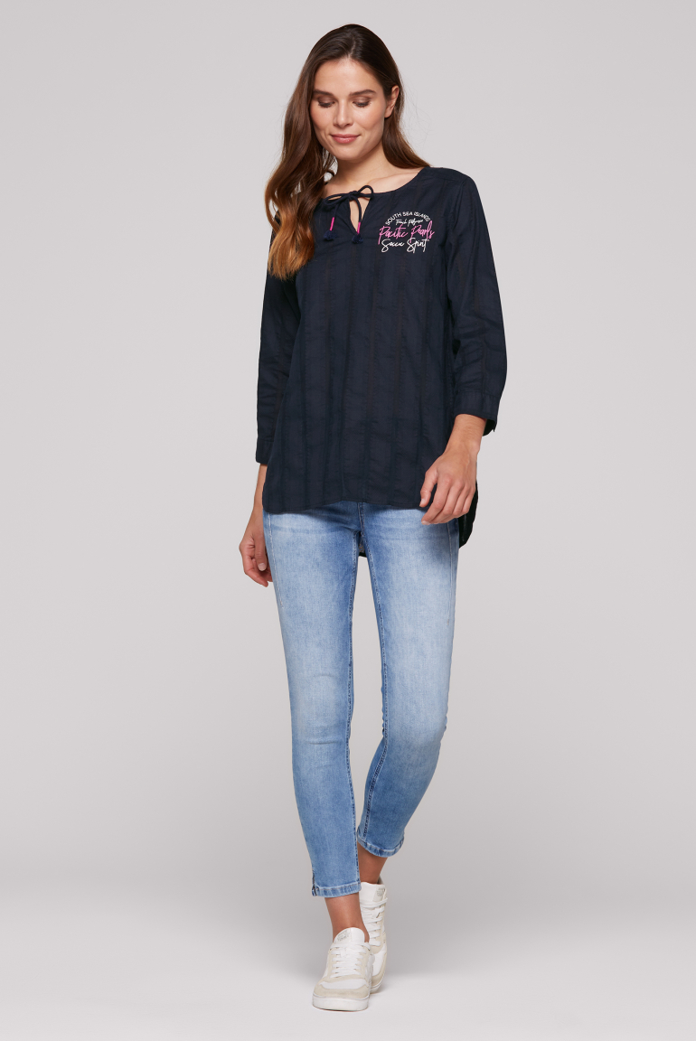 Tunika-Bluse mit Webstreifen und Print
