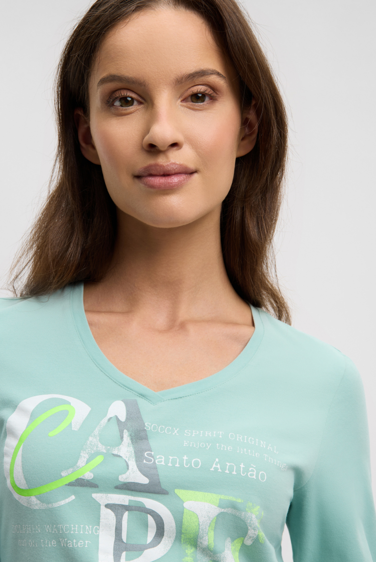 Langarmshirt mit V-Ausschnitt und Wording Print