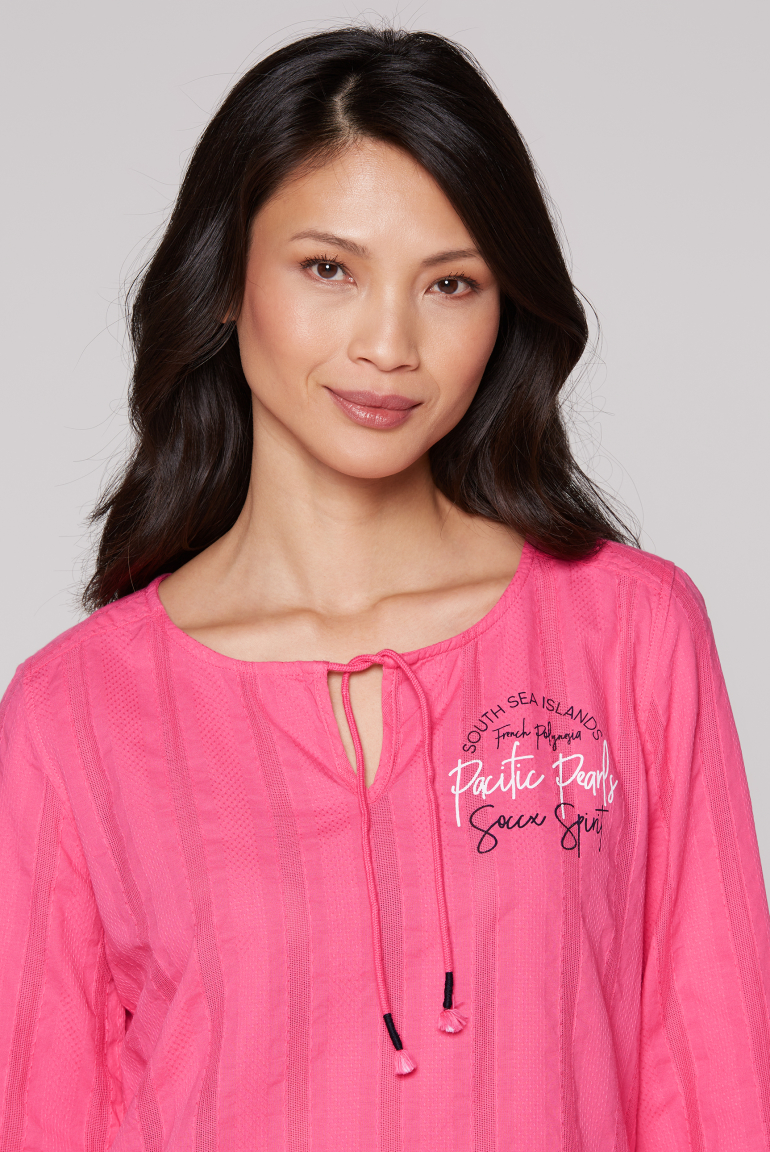 Tunika-Bluse mit Webstreifen und Print