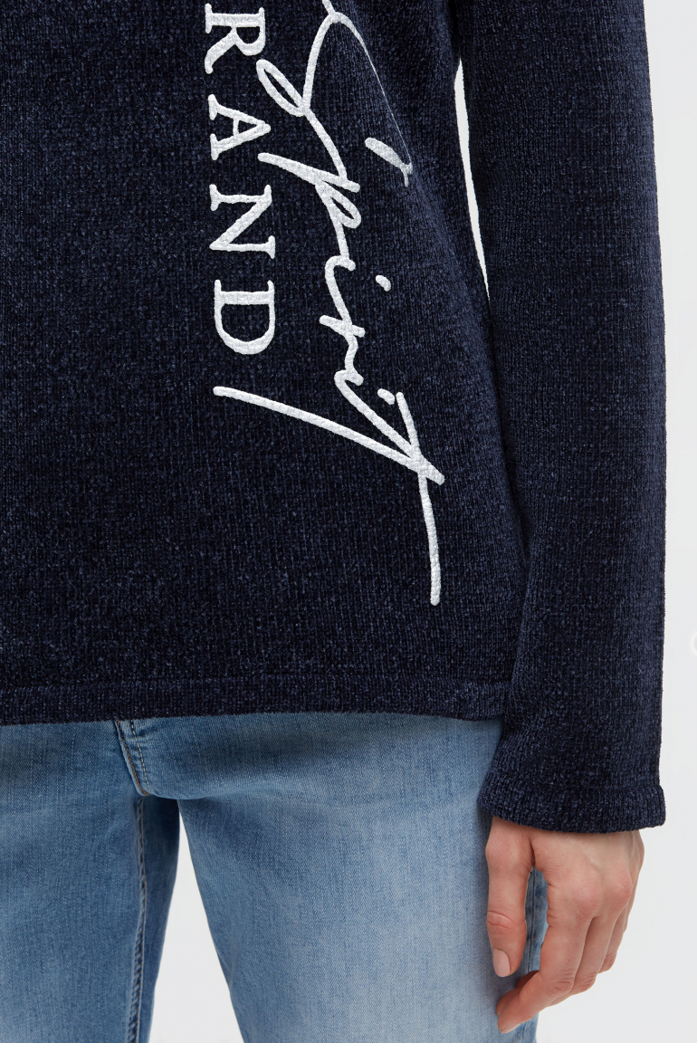 Chenille-Pullover mit hohem Kragen und Artwork
